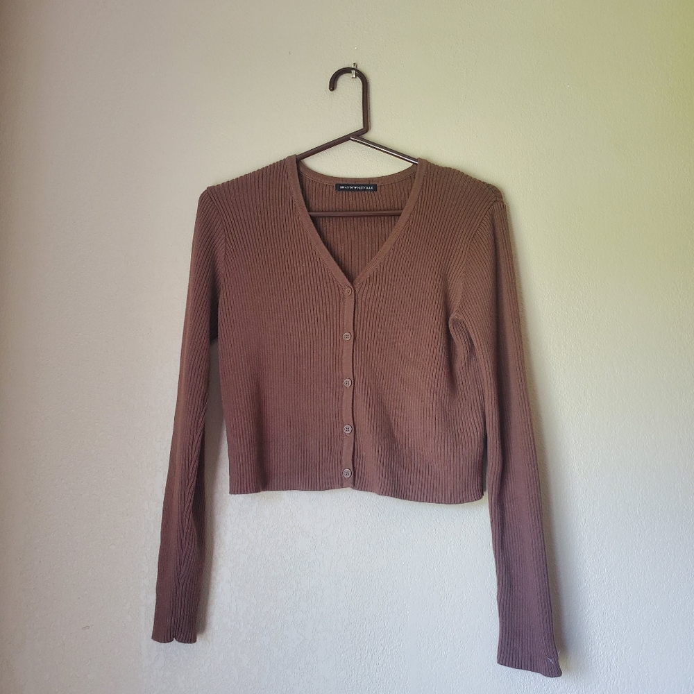 Brandy Melville women's stretch cotton blend brown ribbed knit crop cardigan